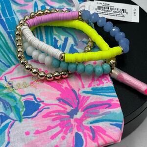 Lilly Pulitzer NWT Hi Summer‎ Bracelet Set Gold Tone Pink
Blue Beaded Stretch